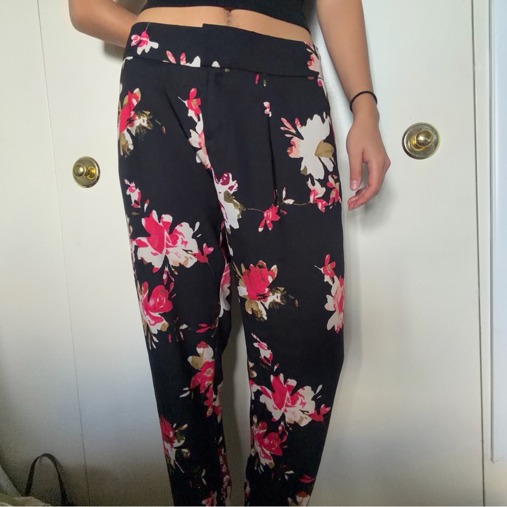 LOFT Black Pants with Pink Floral Pattern
